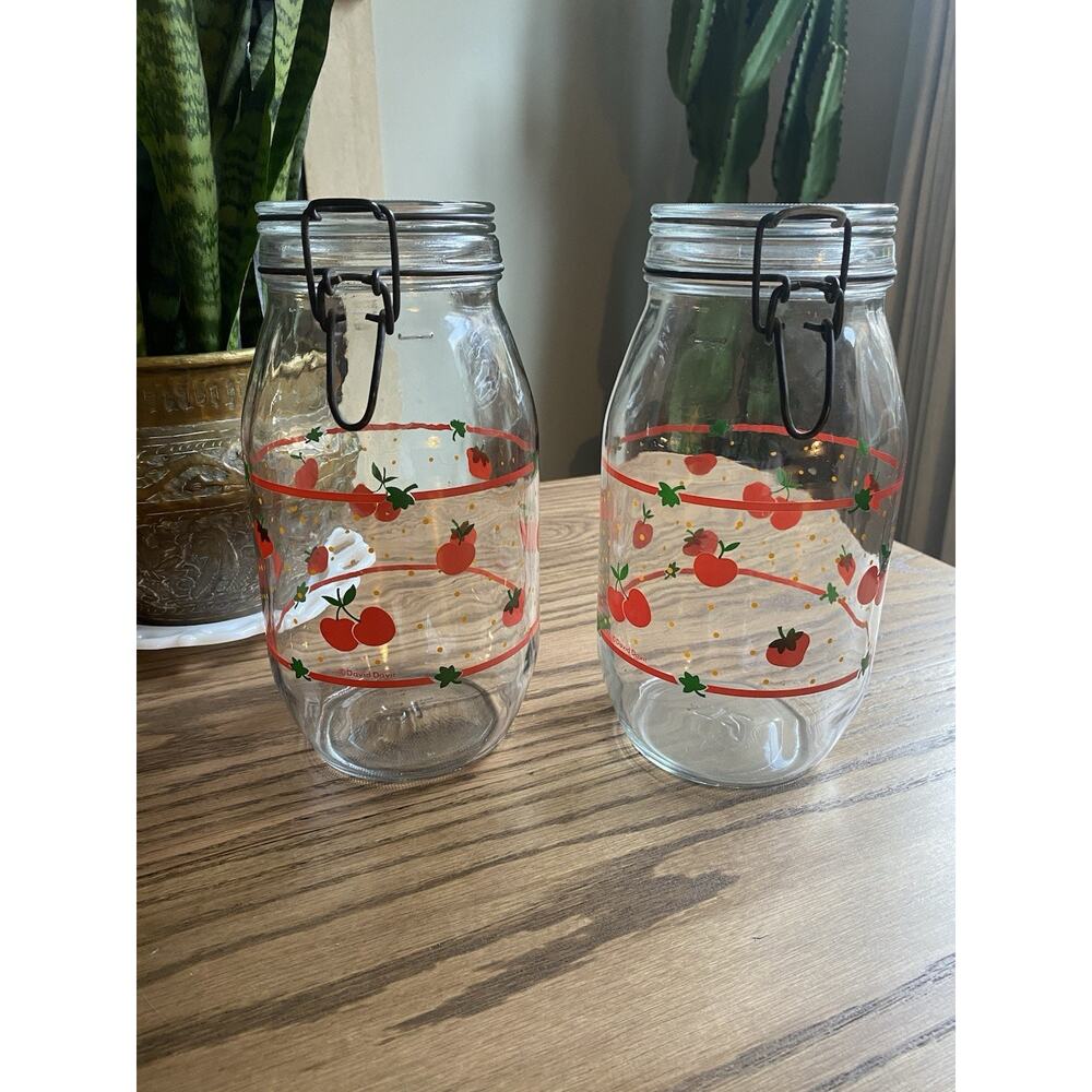 Vintage Lidded Jars Glass Canister Strawberry And Cherry Jar Set 2L 9.75”